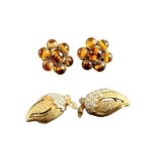 VINTAGE Jewelry- Japan Gold Tone Beaded Floral Cluster Clip-On Earrings Lot of 2